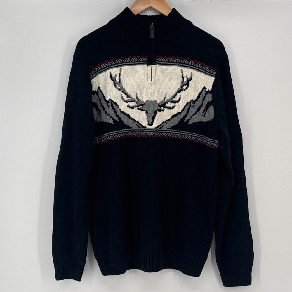 Chaps Quarter Zip Mens Sweater Large Navy Blue Stag Mountain Cotton Pullover